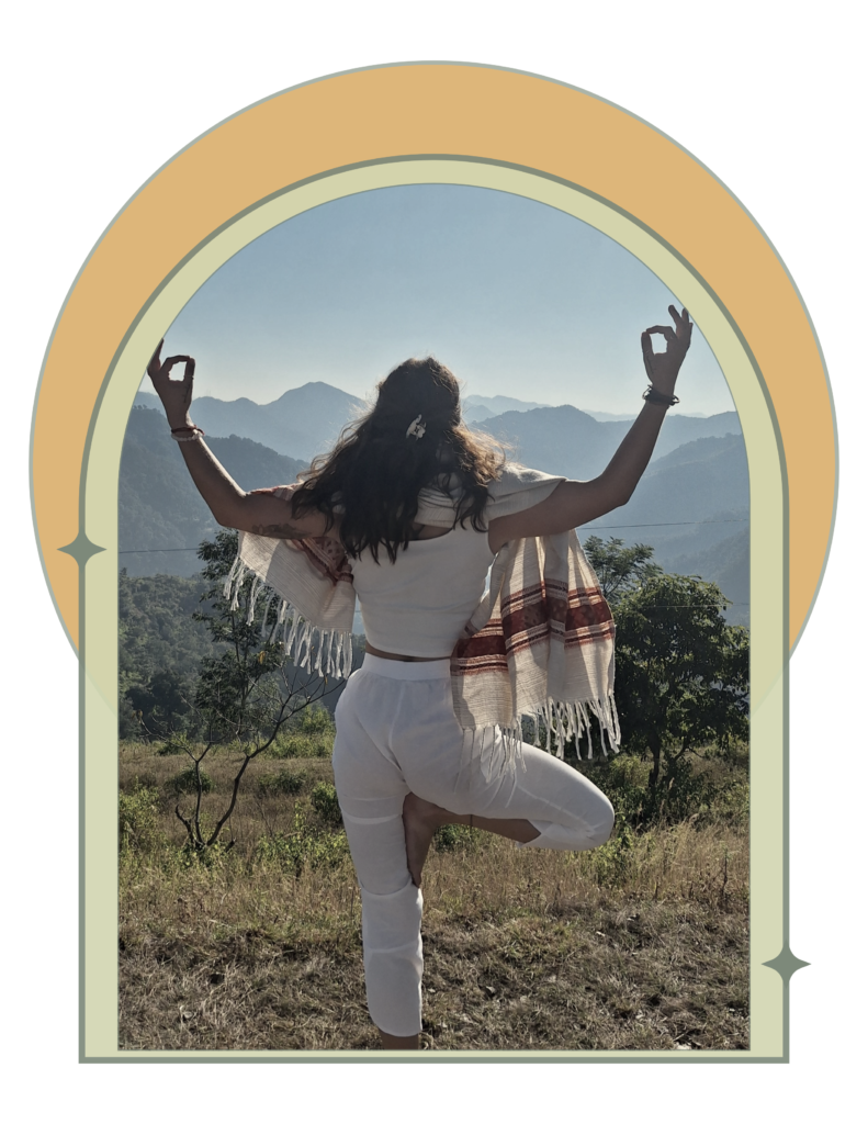 Tree pose in Himalayas with decorative borders